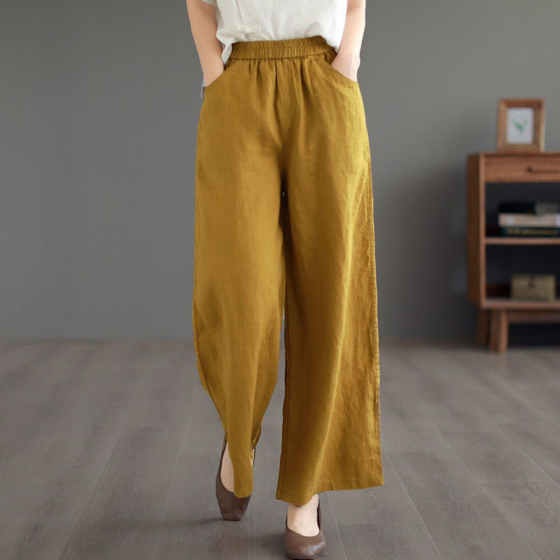 High-waisted wide-leg pants made from a cotton-linen blend, featuring a modern and stylish design that combines comfort and practicality