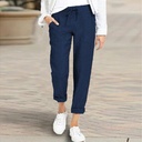 Casual solid-color pants with a comfortable and practical design, featuring a straight-leg cut and a drawstring waist. Made from a soft cotton and linen blend, offering a stylish and comfortable look all in one