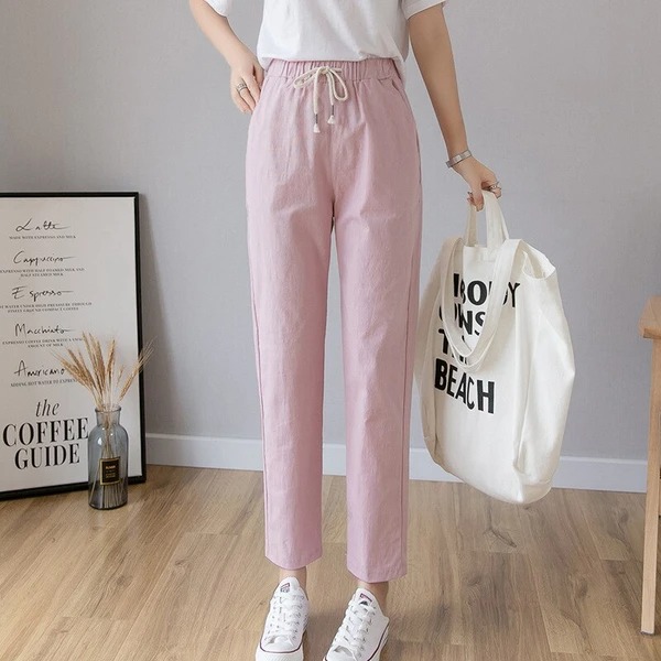 Comfortable and stylish women's casual pants, perfect for lounging and everyday spring outfits. Made from a blend of cotton and linen with an elastic waistband for extra comfort
