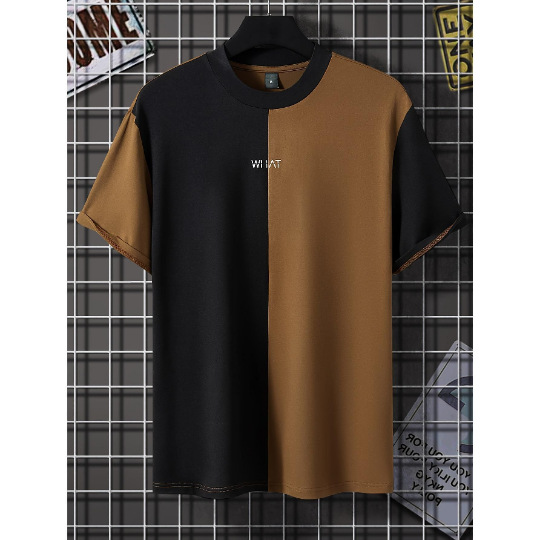 Men’s Short-Sleeve T-Shirt with 3D Color-Block Design – Elegant Round Neck