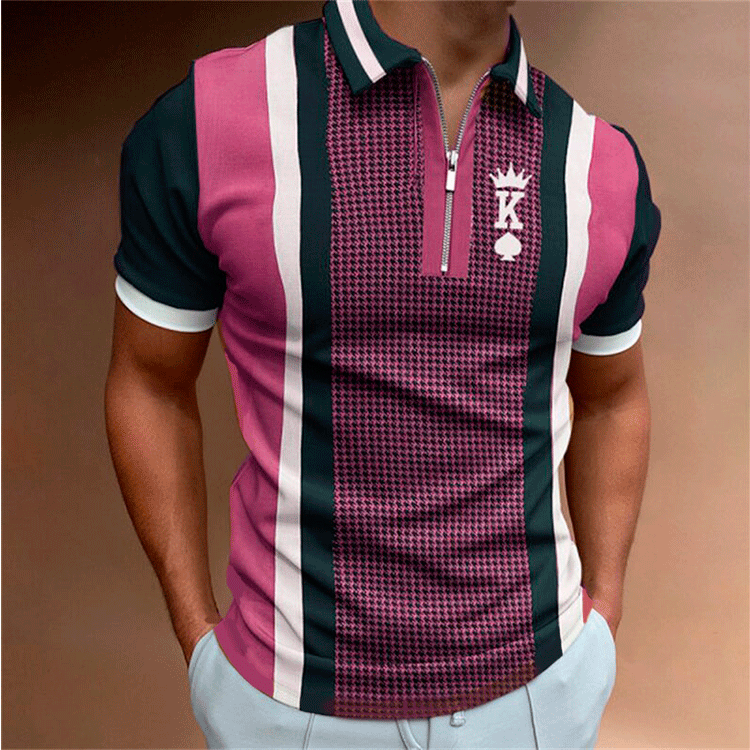 Men’s Short-Sleeve Polo Shirt – Casual Design with Elegant Stripes and Plaid Pattern