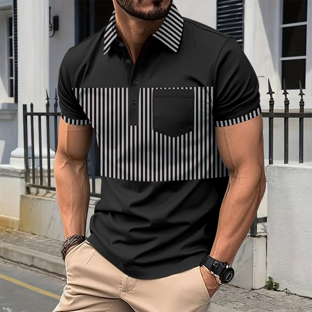 Men's Casual Polo Collar Striped T-Shirt with Front Buttons and Color-Contrasting Stitching Details