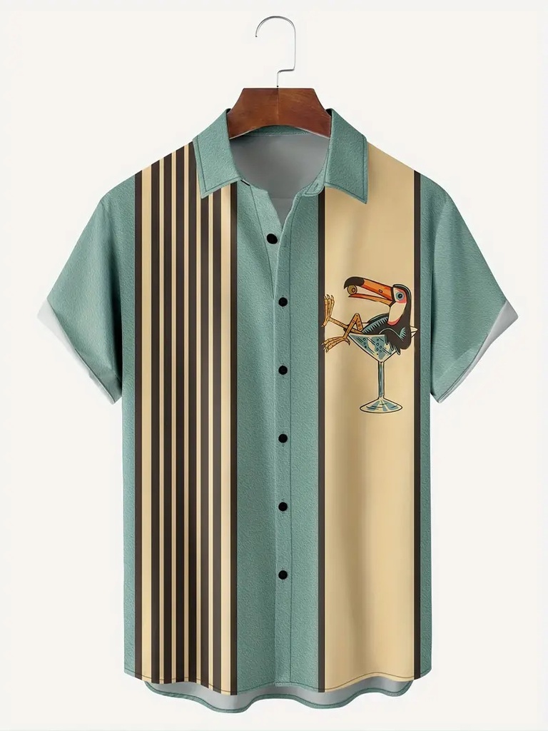 Stylish men's shirt with a modern design, featuring a striped pattern and short sleeves, complemented by front buttons that add an elegant artistic touch to your look