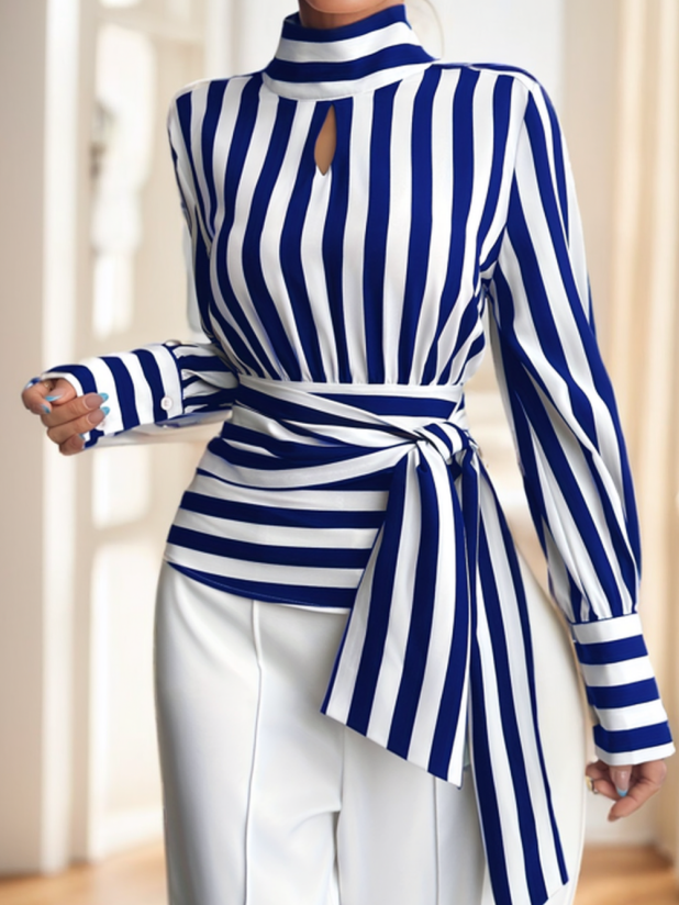 Ladies' elegant and modern striped long-sleeved shirt, designed for practical use—perfect for daily and seasonal looks