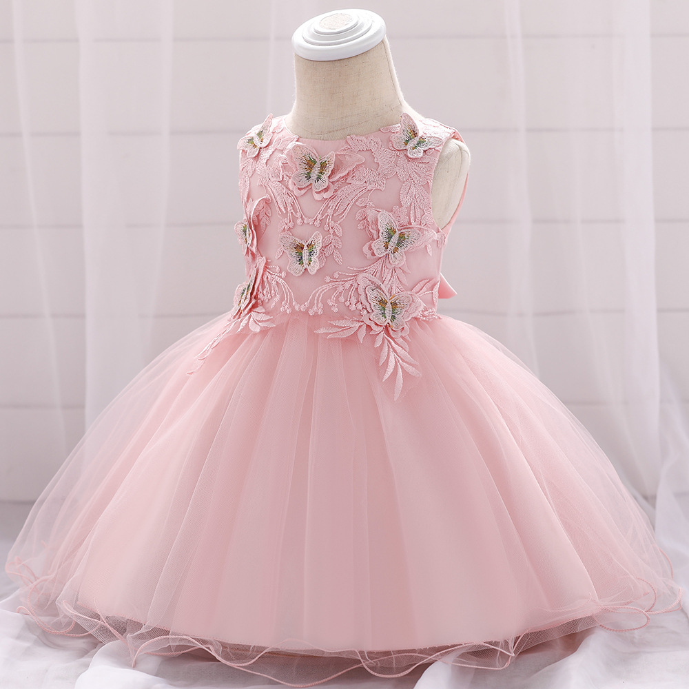 Elegant baby girl dress with a soft princess-style design, adorned with butterflies and layered puff mesh — perfect for parties and special occasions