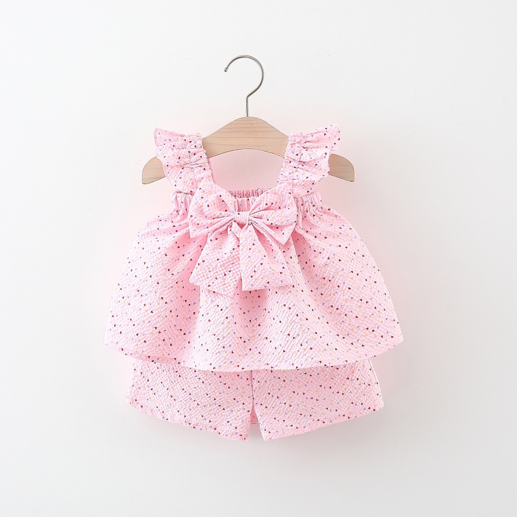 Elegant Girls' Set – Bowknot Dress with Flying Sleeves and Matching Shorts for a Charming Look