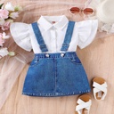 Stylish children's outfit – flounced sleeve top paired with a suspender skirt for a trendy and charming look