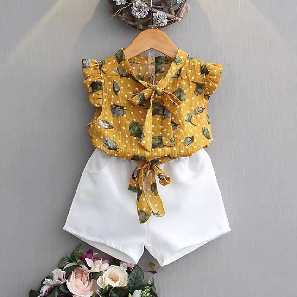 Girls' two-piece chiffon set with sleeveless floral top and matching skirt