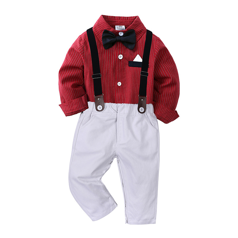 Elegant Children's Suit – A Striped Cotton Long-Sleeve Shirt with a Bow Tie and Bib in a Refined Classic Style