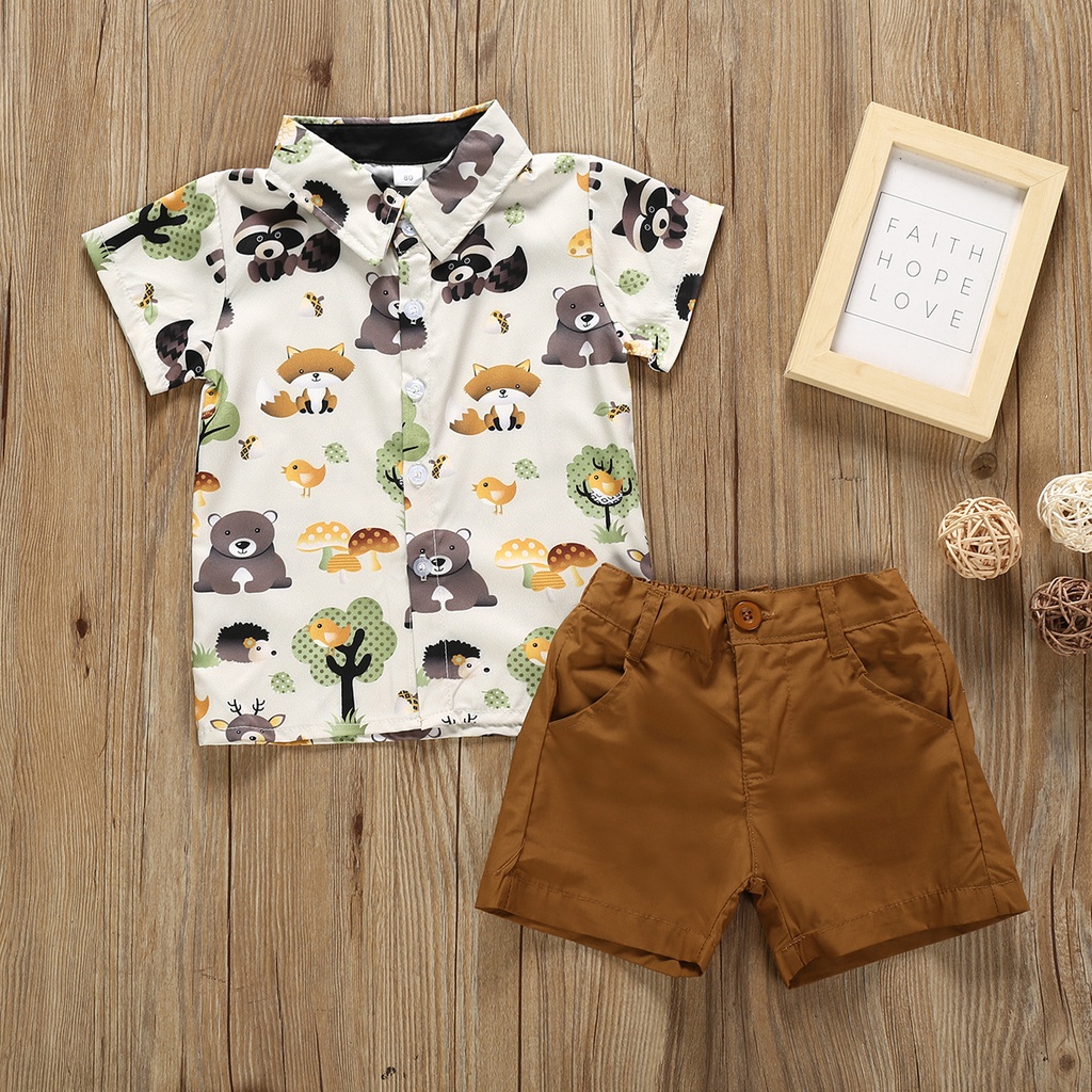 Stylish Summer Outfit for Kids – Cartoon Print Shirt with Solid Color Shorts