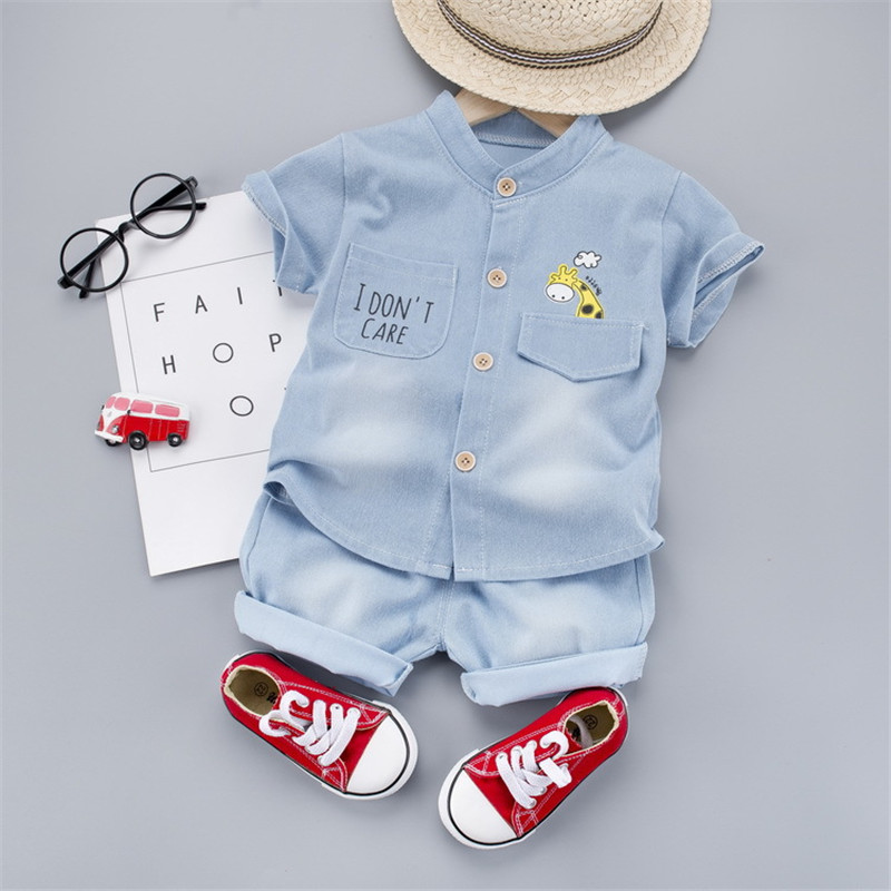 Two-piece denim outfit – short-sleeve shirt paired with shorts