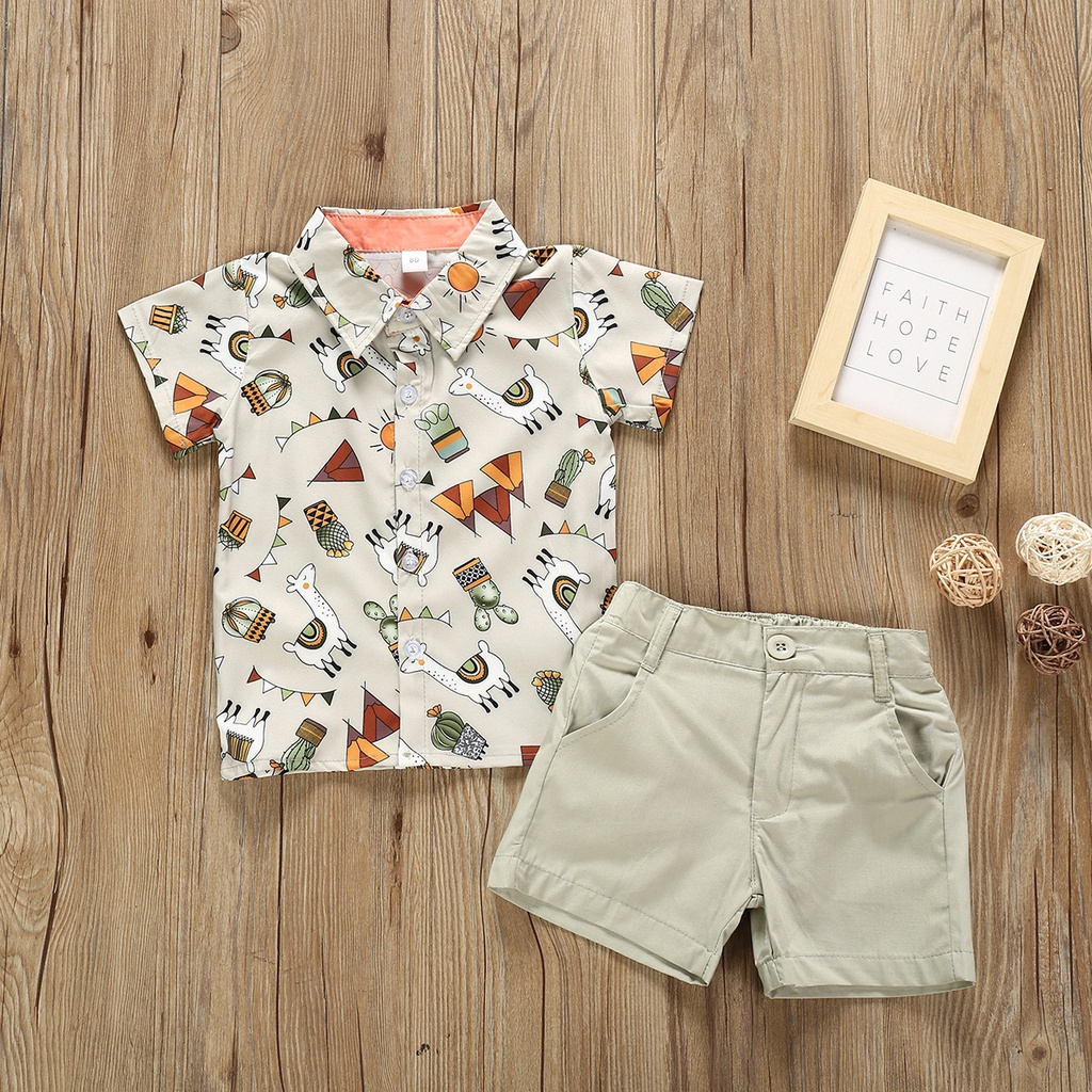 Summer two-piece children's outfit – short-sleeved cartoon print shirt paired with matching shorts