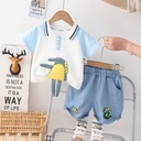Stylish children's denim outfit – includes shorts and a cartoon-printed polo shirt for a fun and trendy look
