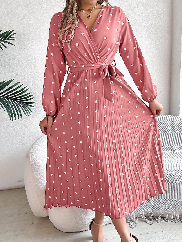 Elegant maxi dress for women with polka dot print, V-neck, and contrast color design