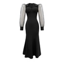 Elegant French dress with a square neckline, puffed tulle sleeves, and a fishtail hem in a classic style
