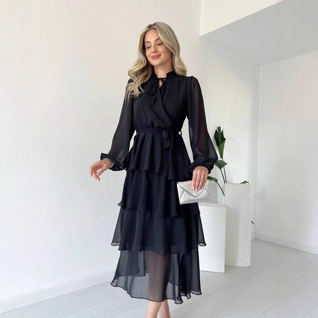 Elegant Women's Dress with Solid Color Chiffon, Long Sleeves, and Layered Lace-up Design