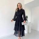 Elegant Women's Dress with Solid Color Chiffon, Long Sleeves, and Layered Lace-up Design