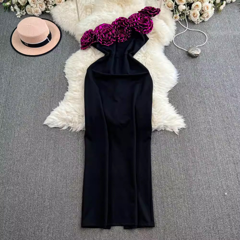 Elegant women's off-shoulder dress featuring 3D floral details for a charming and feminine look