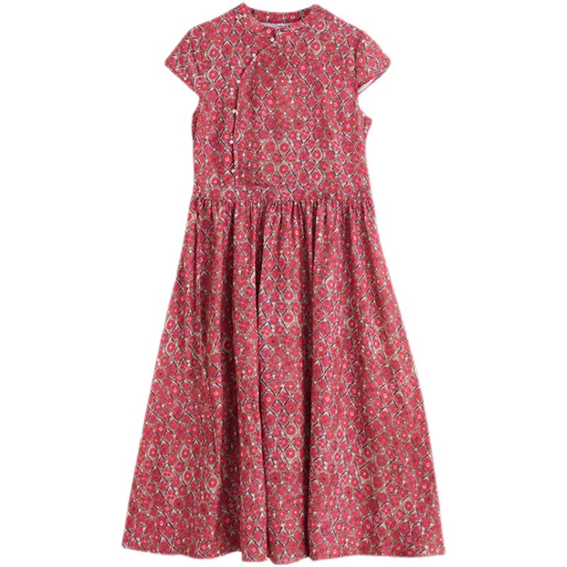 Women's red mid-length summer dress featuring an artistic design, slimming fit, and a floral ramie skirt