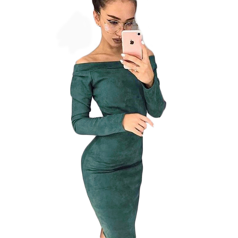 Elegant women's dress with a slim fit, off-the-shoulder design, and long sleeves — perfect for modern looks
