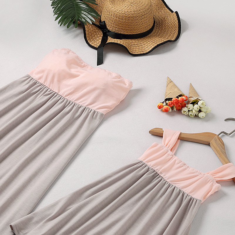 Stylish summer dress for mother and daughter featuring an off-shoulder, backless design with patchwork details that create a coordinated and modern look for both
