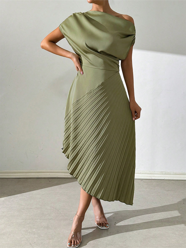 Elegant women's dress featuring an asymmetrical design with ruffled details that add a charming and modern feminine touch