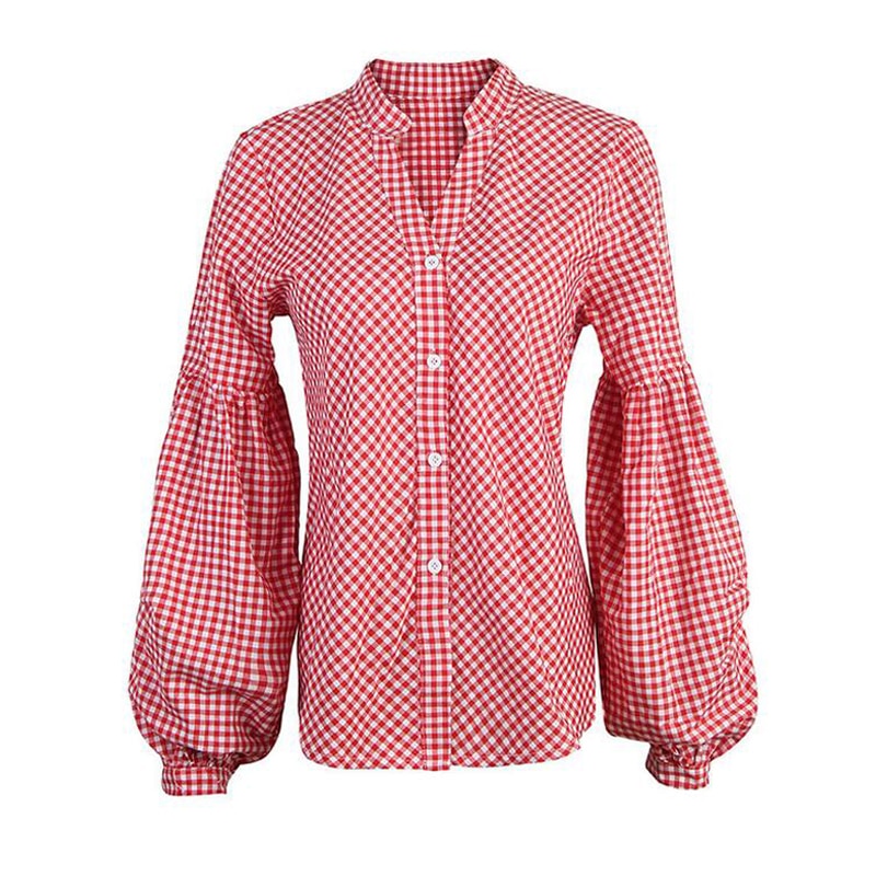 Women's plaid shirt with V-neck and long lantern sleeves in a stylish, modern design