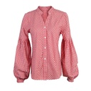 Women's plaid shirt with V-neck and long lantern sleeves in a stylish, modern design