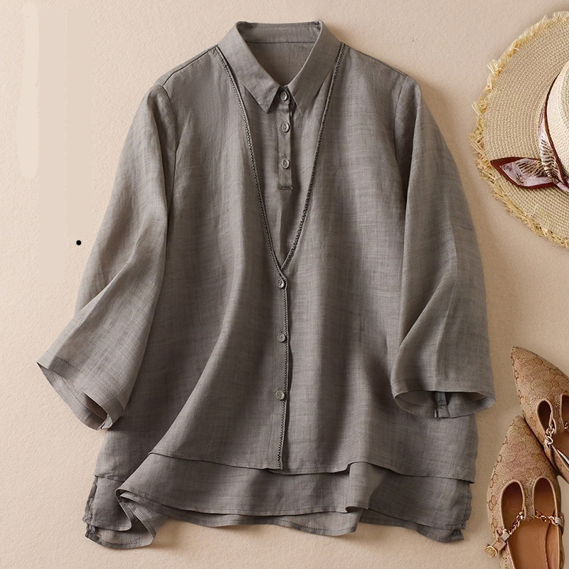 Elegant Women's Shirt – Made from a Cotton-Linen Blend with a Faux Two-Piece Design