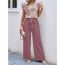 Elegant women's floral set with a V-neckline, belt, and wide-leg pants