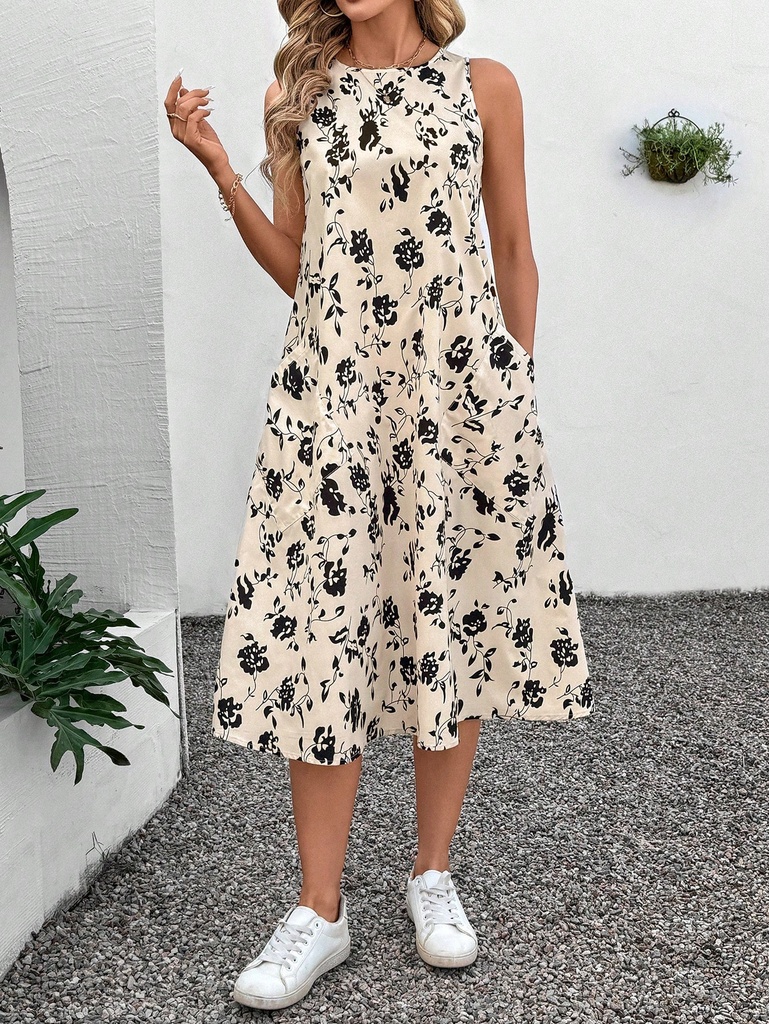 Casual floral print dress with sleeveless design and round neckline