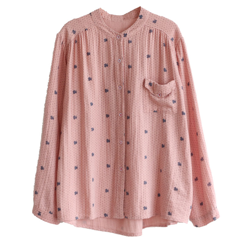 Soft cotton blouse with long sleeves, featuring a cardigan-style design and elegant print