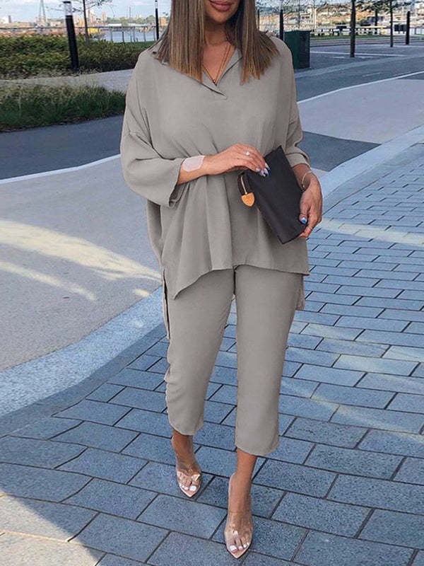 Comfortable women's cotton and linen set with a shirt and elastic waist pants