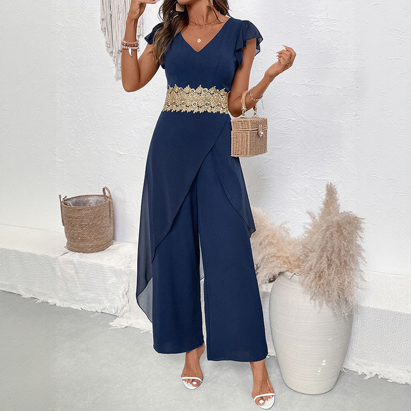 Modern women’s jumpsuit with a V-neck, elegantly adorned with lace detailing