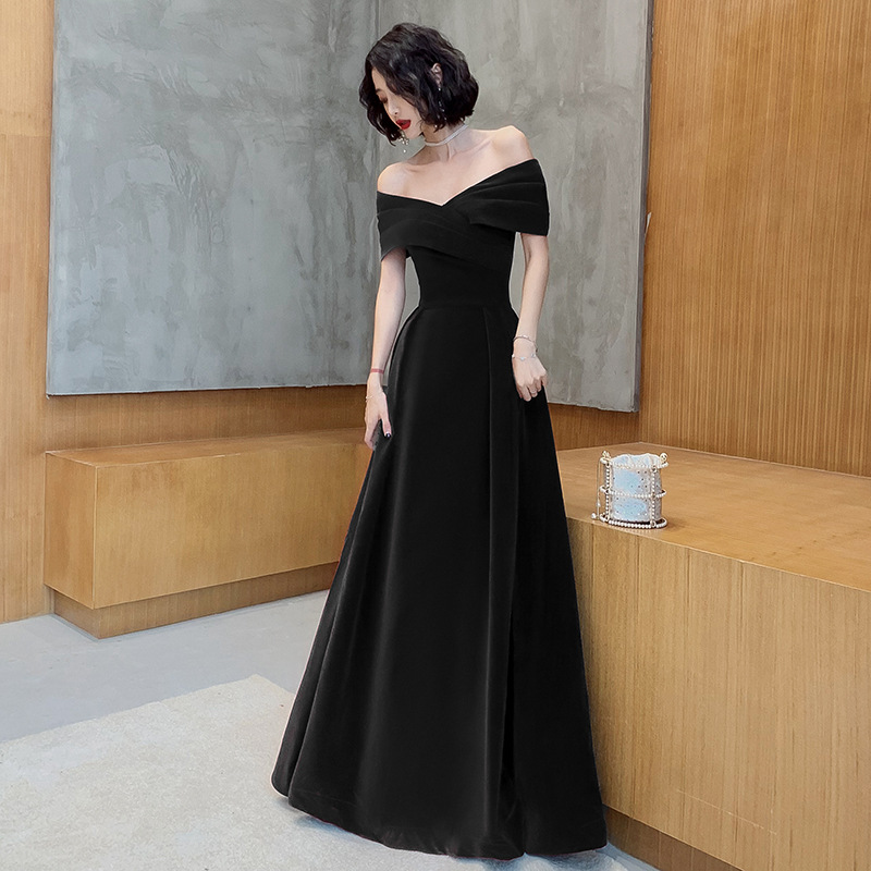 An off-shoulder evening dress that adds an elegant feminine touch