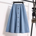 Blue denim skirt featuring a front button design and an elastic waistband for everyday comfort and style