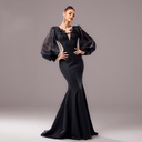 Long-sleeve, round-neck sheath dress with applique detailing and a fishtail hem