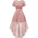 Lace and chiffon evening dress with a round neckline and a high-slit ruffled skirt
