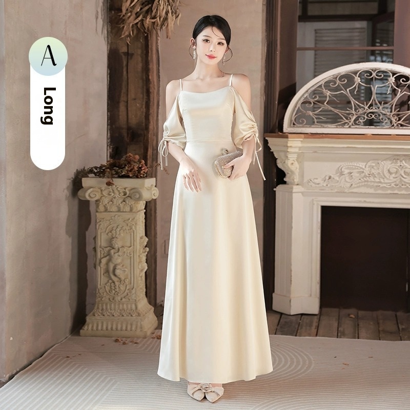 An elegant evening gown in a luxurious champagne hue