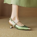 Stiletto shoes with mid-height heels, pointed toes, and ankle straps