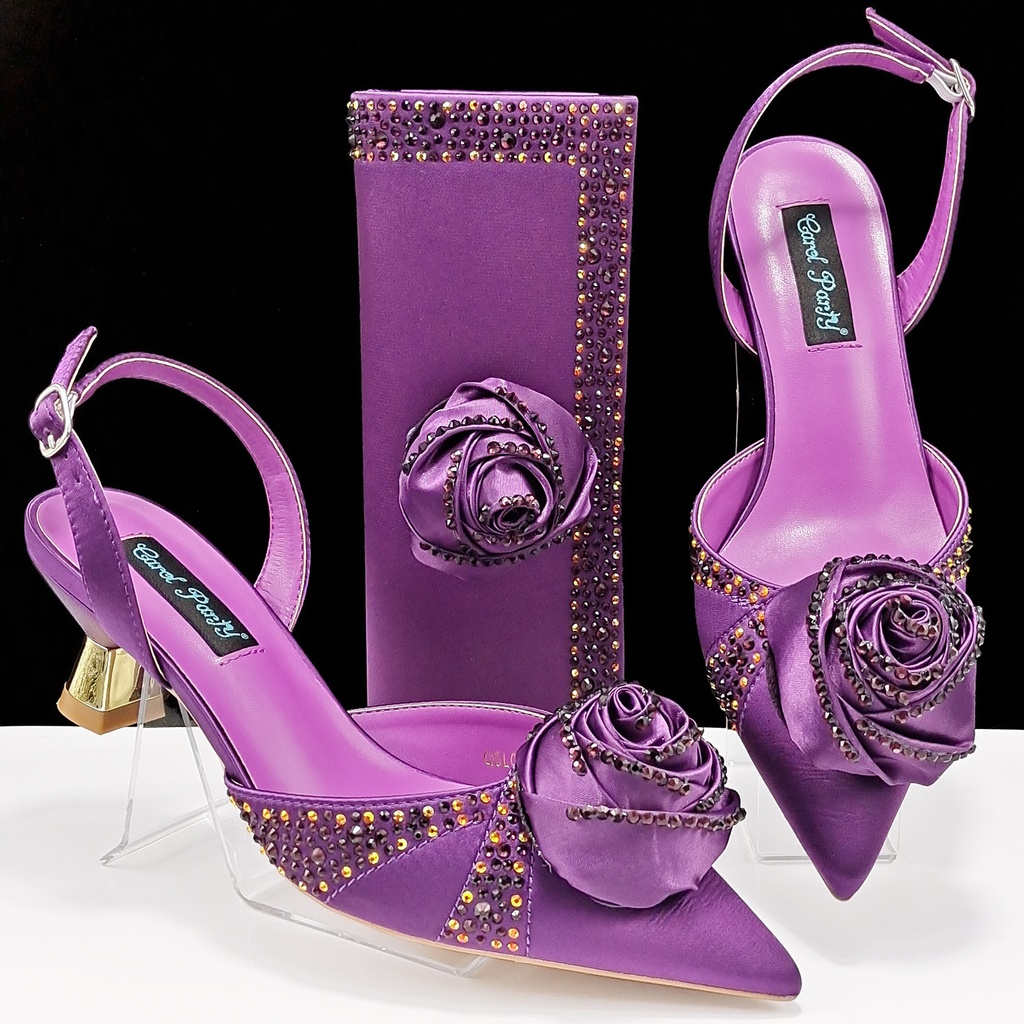 A set featuring a high‑heeled shoe and a satin bag adorned with flowers and rhinestones