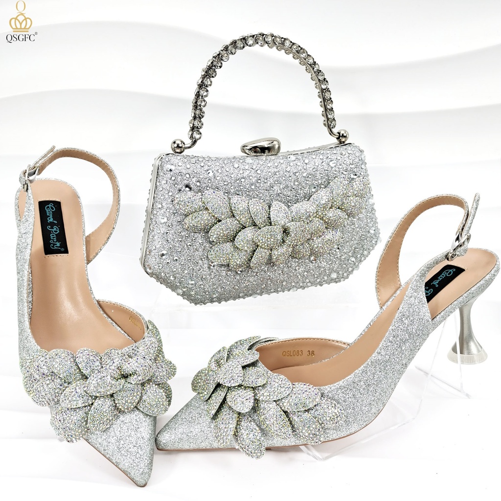 A women’s set featuring handmade shoes and a bag, adorned with leaf motifs and elegant details