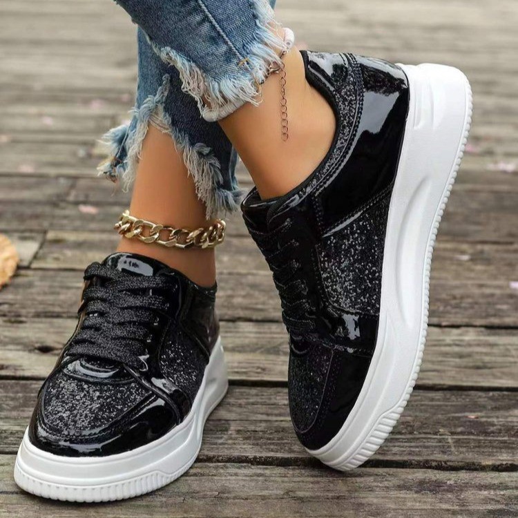 Flat women’s sneakers with sequins and a thick non-slip sole