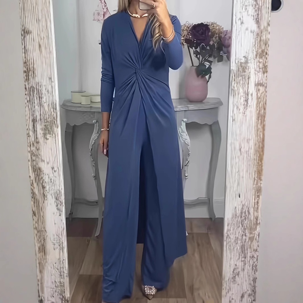 Two-Piece Set – Solid Color Split Dress with Matching Pants