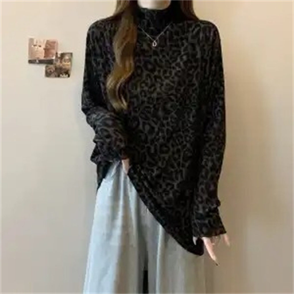 Leopard Pattern Long Sleeve Top with Semi-high Collar