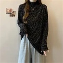 Leopard Pattern Long Sleeve Top with Semi-high Collar