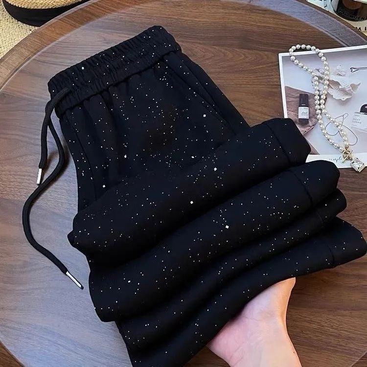 Women's Wide-Leg High-Waisted Ice Silk Pants with Glittering Star Pattern – Elegant Casual Style