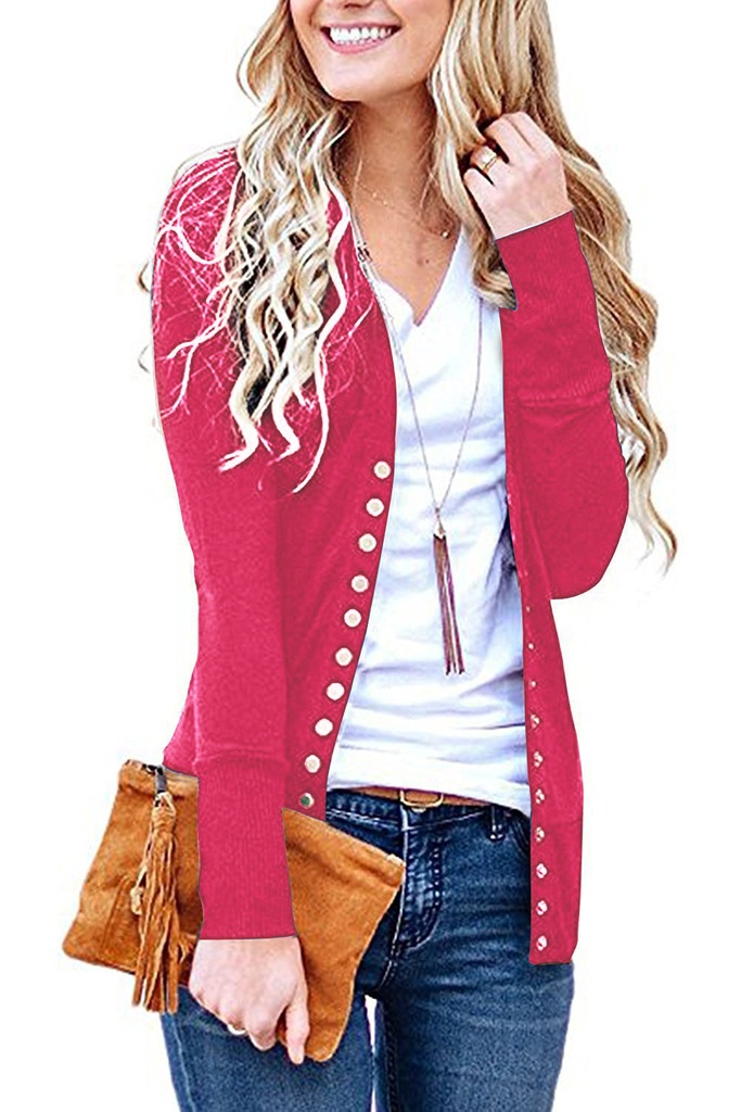 Cropped Solid Color V-Neck Cardigan Blouse with Long Sleeves and Buttons