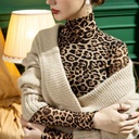 Women's Slim-Fit Leopard Print Turtleneck Mesh Blouse with Long Sleeves