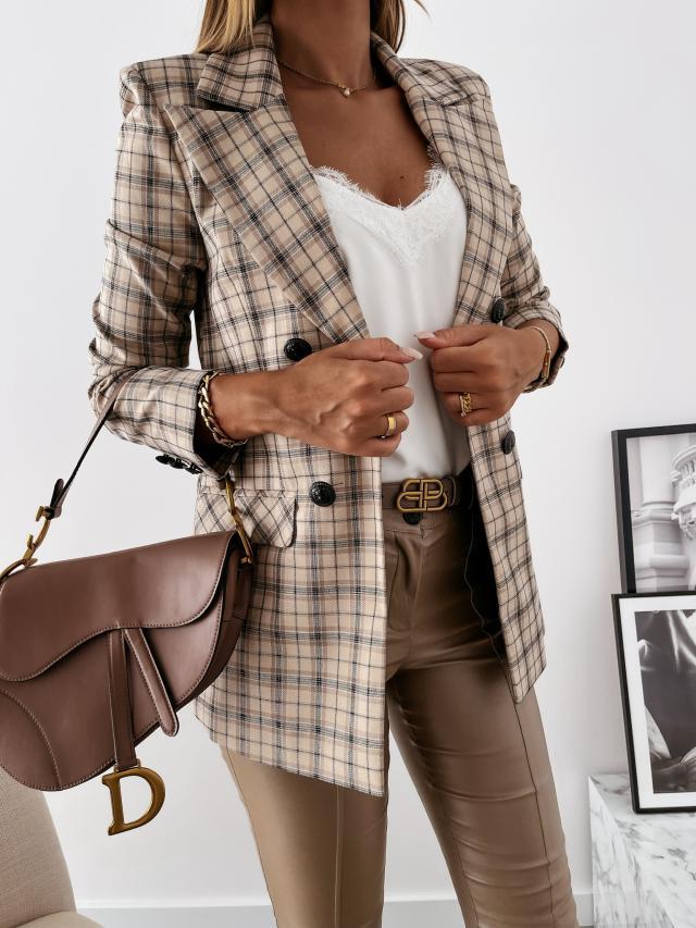 Plaid Suit Jacket with Lapel Collar, Long Sleeves, and Button Closure
